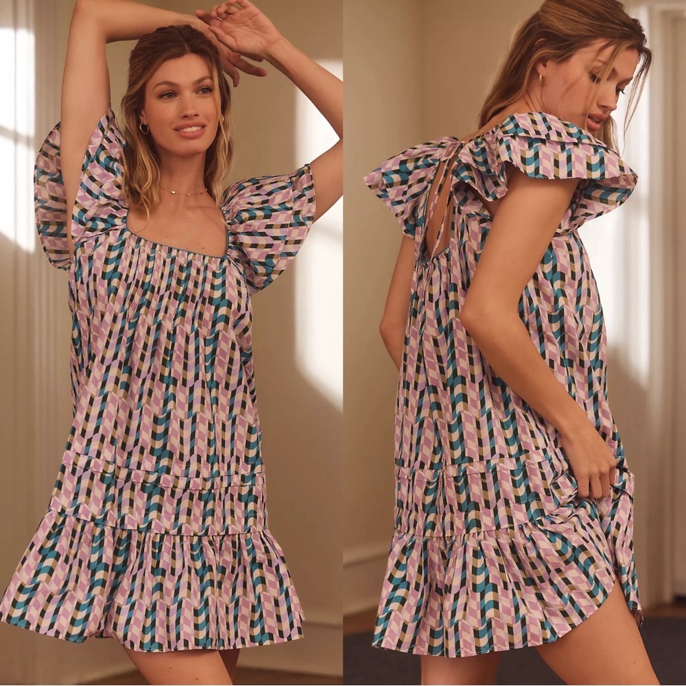 By Anthropologie Pleated Pajama Mini Dress in Colorful Geometric Pattern Medium